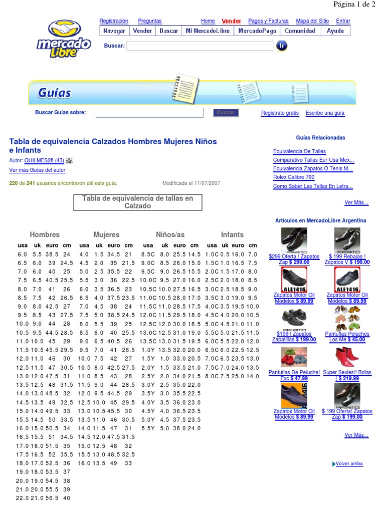 Tabla Equivalencia Calzados Hom | PDF | Empresas de tecnología de la ...