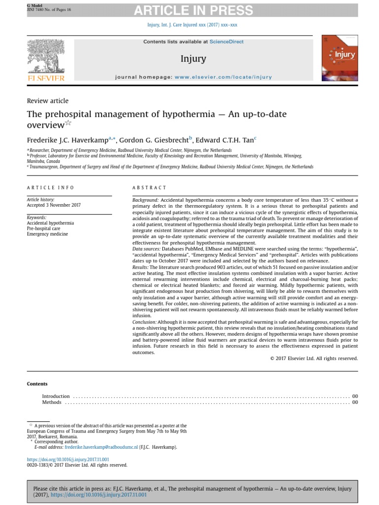 The Prehospital Management Of Hypothermia An Up To Date Pdf