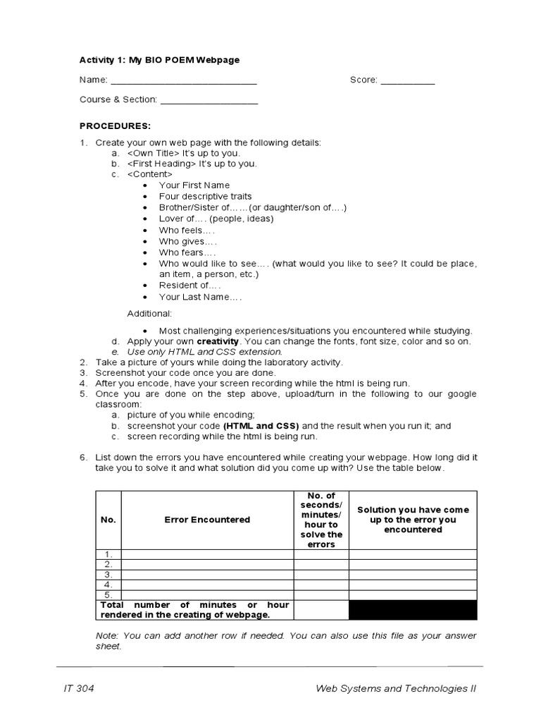 Activity 1 - My Bio Poem Web Page | PDF | Html | World Wide Web