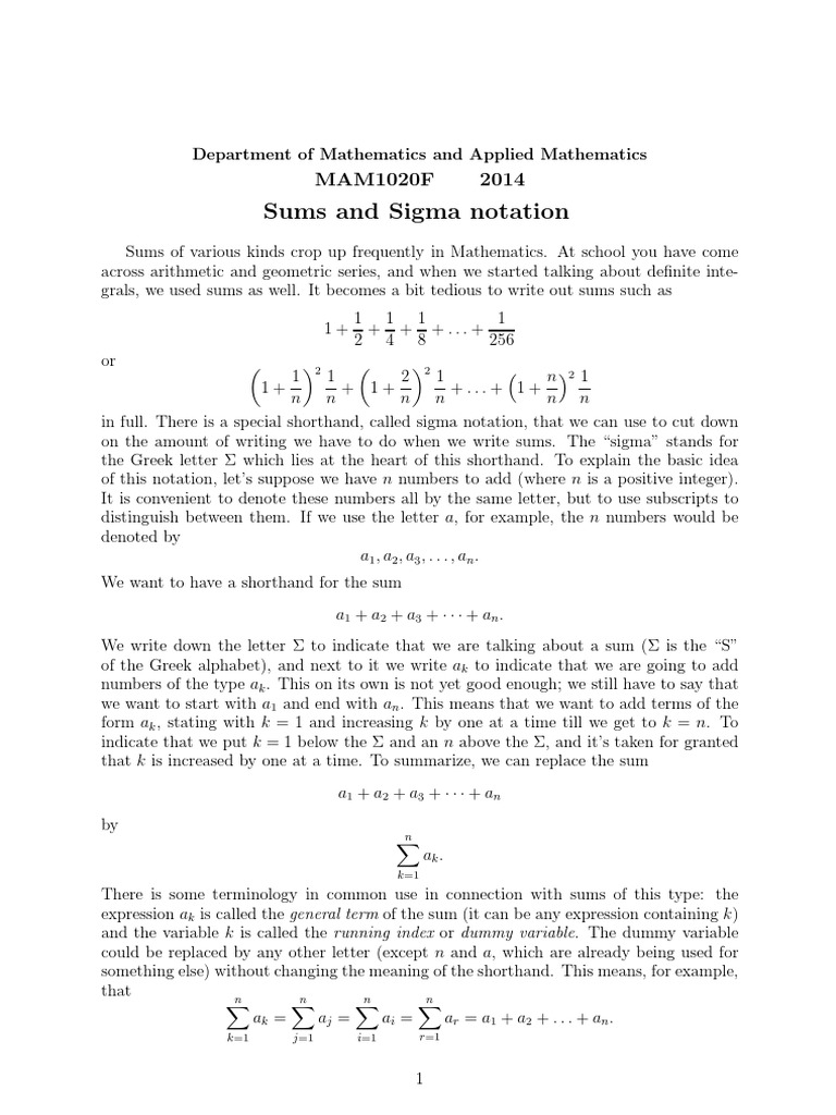 Sigma notation pdf summation elementary mathematics