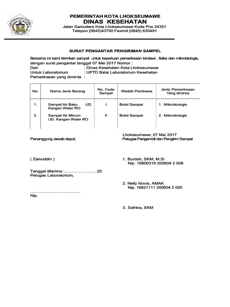 Surat Pengantar Pengiriman Sampel | PDF
