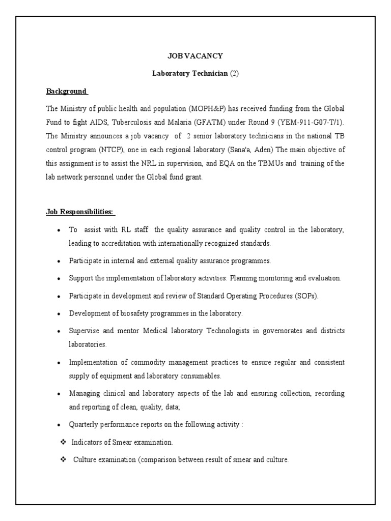Medical Laboratory Technician JOB VACANCY PDF Laboratories Medical Laboratory