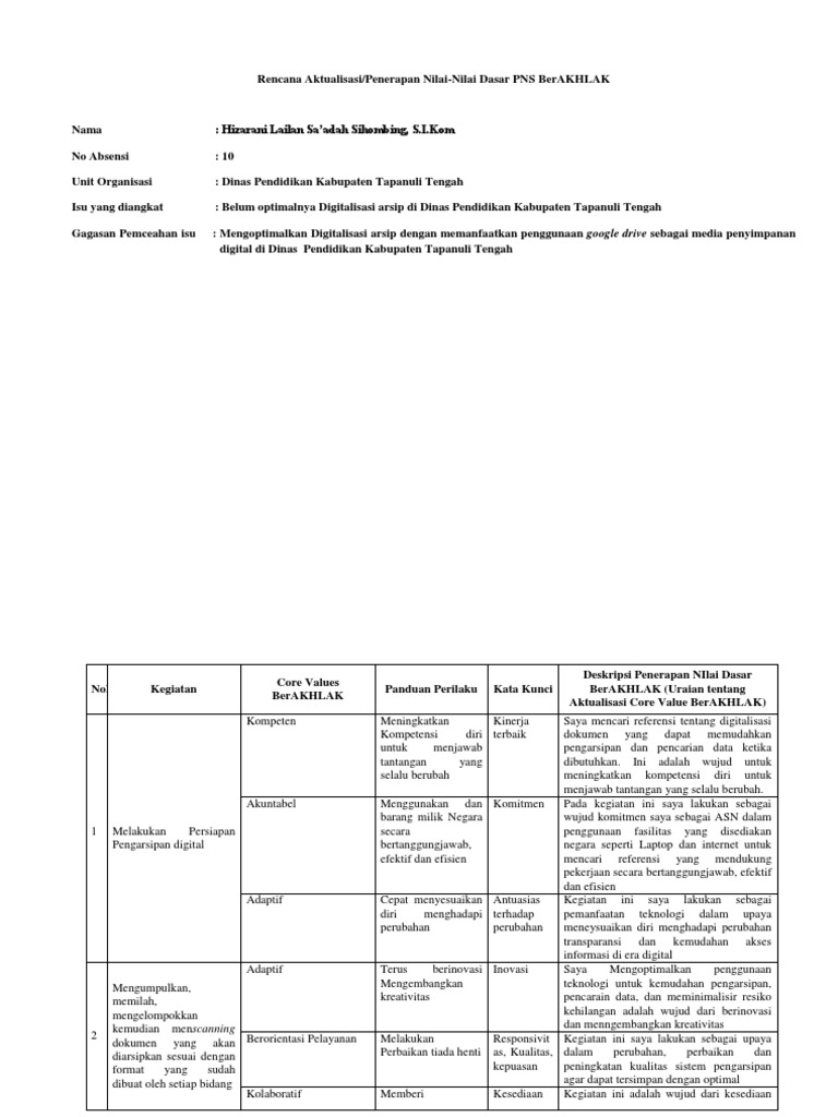 Rencana Aktualisasi Core Value ASN BERAKHLAK PDF