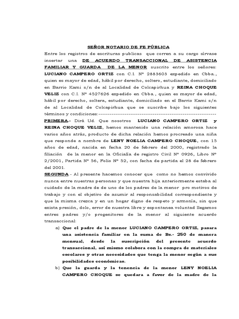 Acuerdo Transaccional de Guarda en Bolivia | PDF | Justicia | Crimen y ...