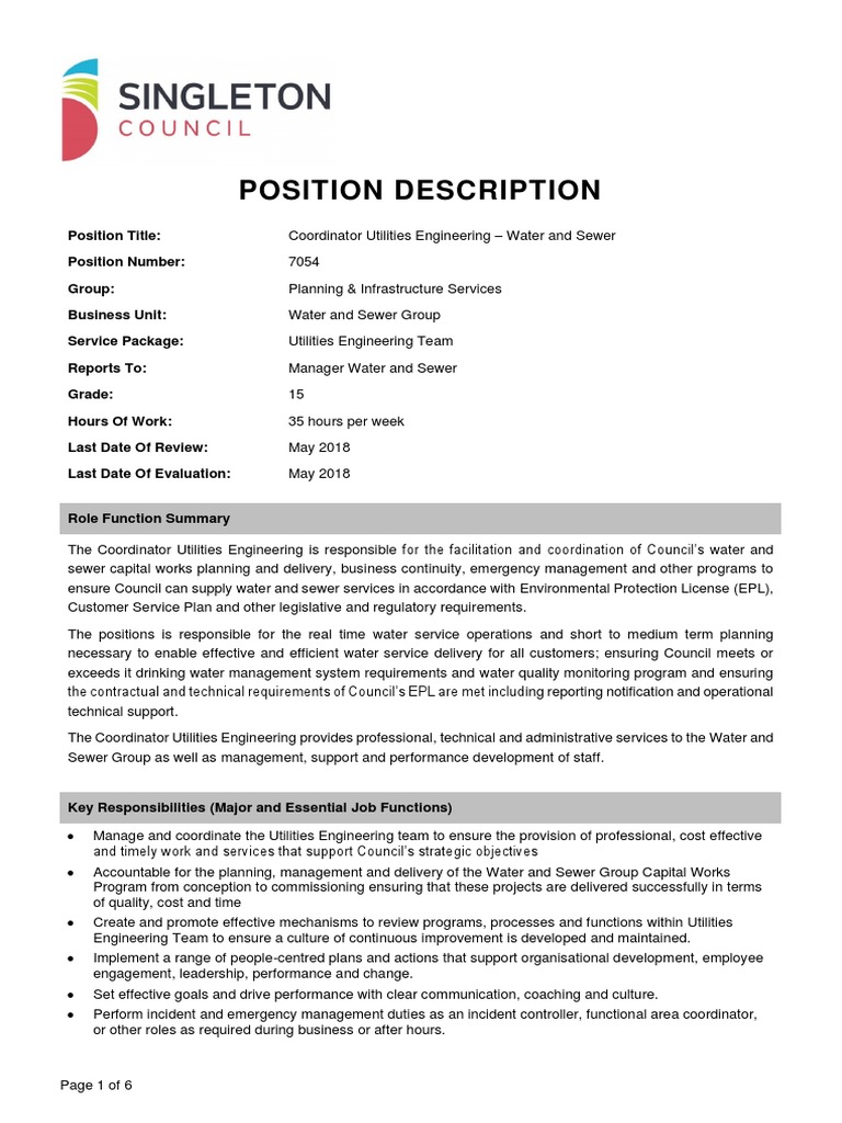 Position Description Water and Sewer Coordinator Utilities Engineering May 2018 PDF