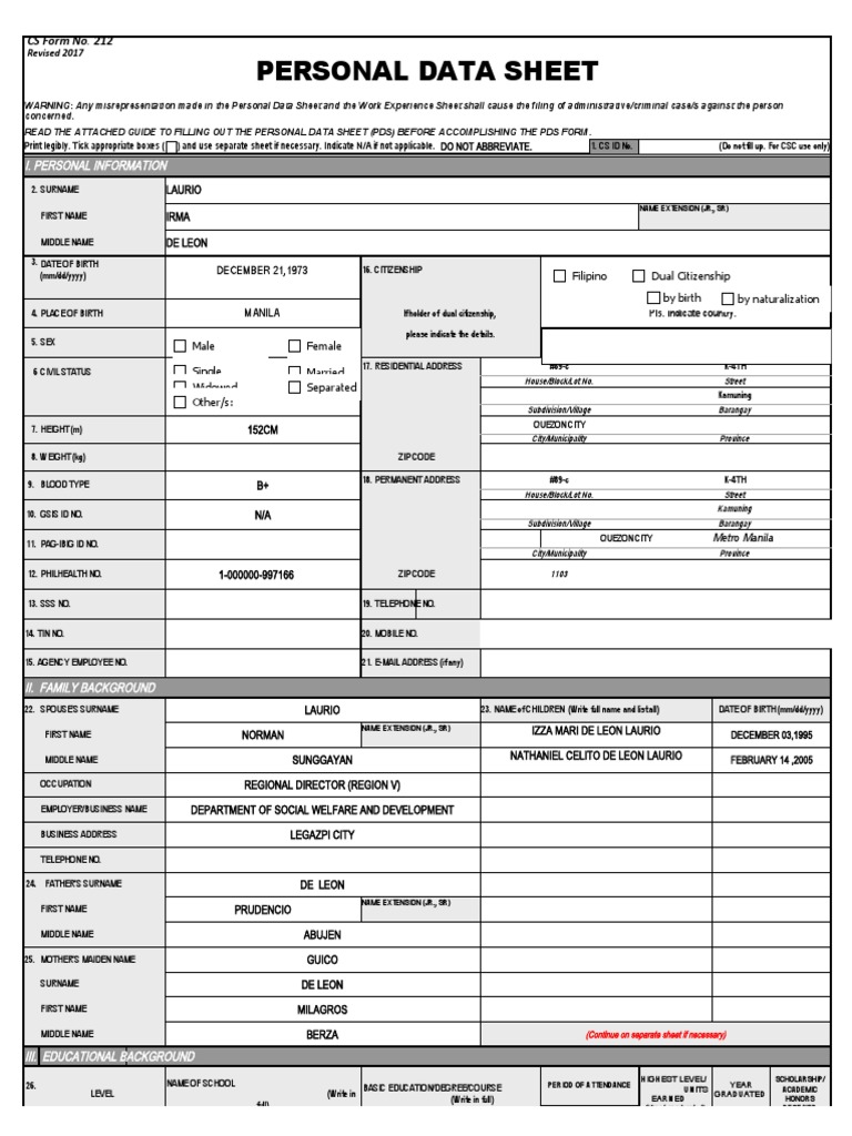 A Concise Personal Data Sheet PDF Government