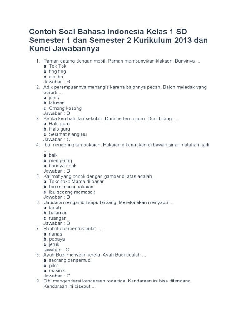 25 Soal Bahasa Indonesia Kelas 1 SD Semester 2 dan Jawaban