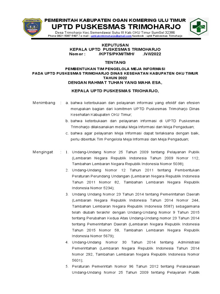 Pembentukan Tim Meja Informasi Puskesmas | PDF