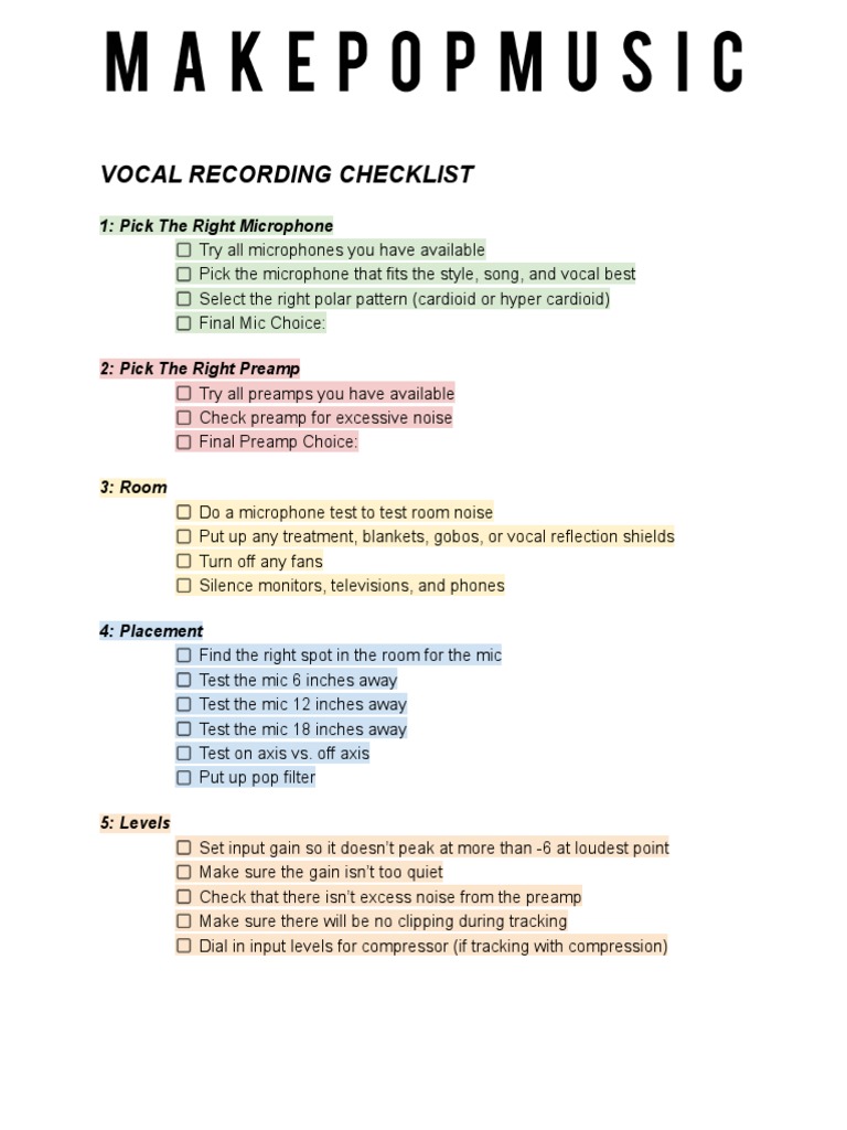 Essential Vocal Recording Checklist | PDF