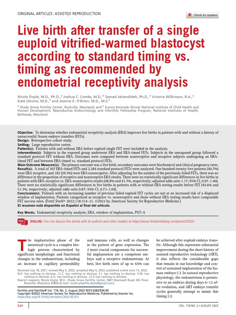 Live Birth After Transfer of A Single Euploid Vitrified-Warmed ...