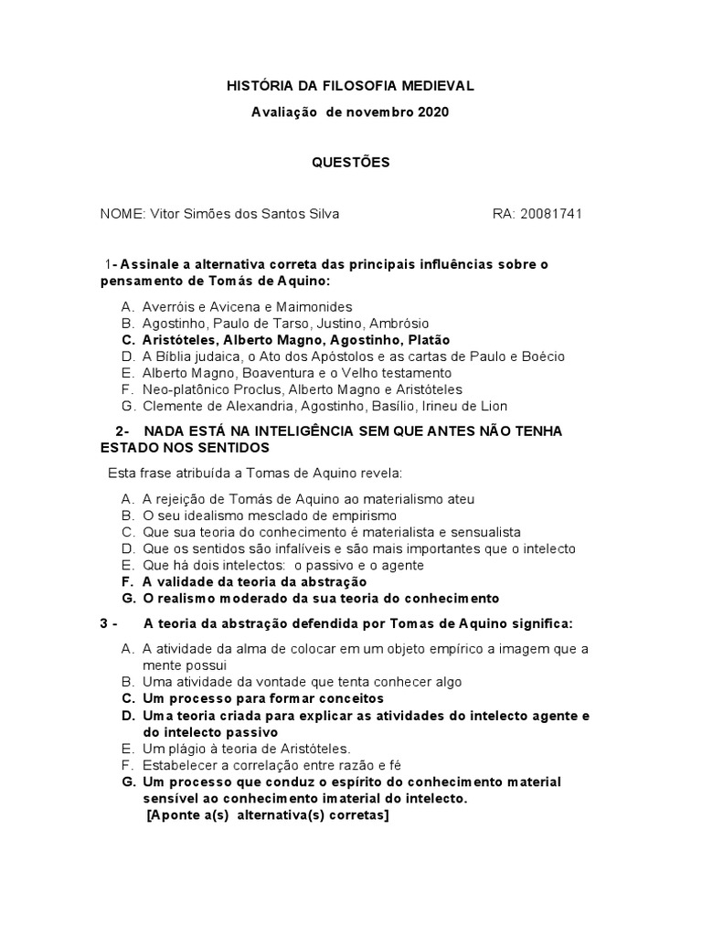 Questões sobre Filosofia Medieval | PDF | Tomás de Aquino | Deus