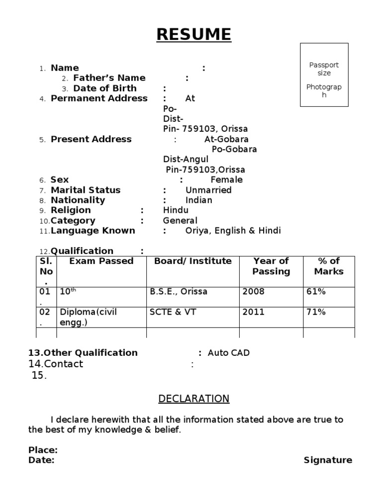 Resume: 14.contact: 15. Declaration | PDF