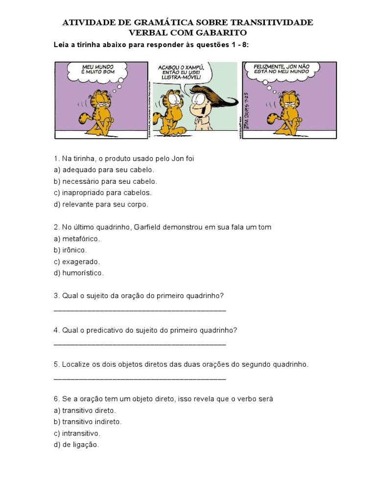 Atividade de Gramática Sobre Transitividade Verbal Com Gabarito | PDF ...