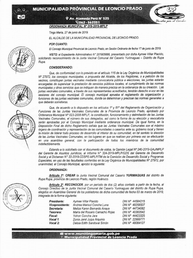 Ordenanza Municipal #019-2019-Mplp | PDF | Gobierno