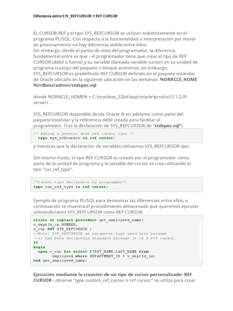 Diferencia Entre SYS REFCURSOR Y REF CURSOR PDF Pl / Sql