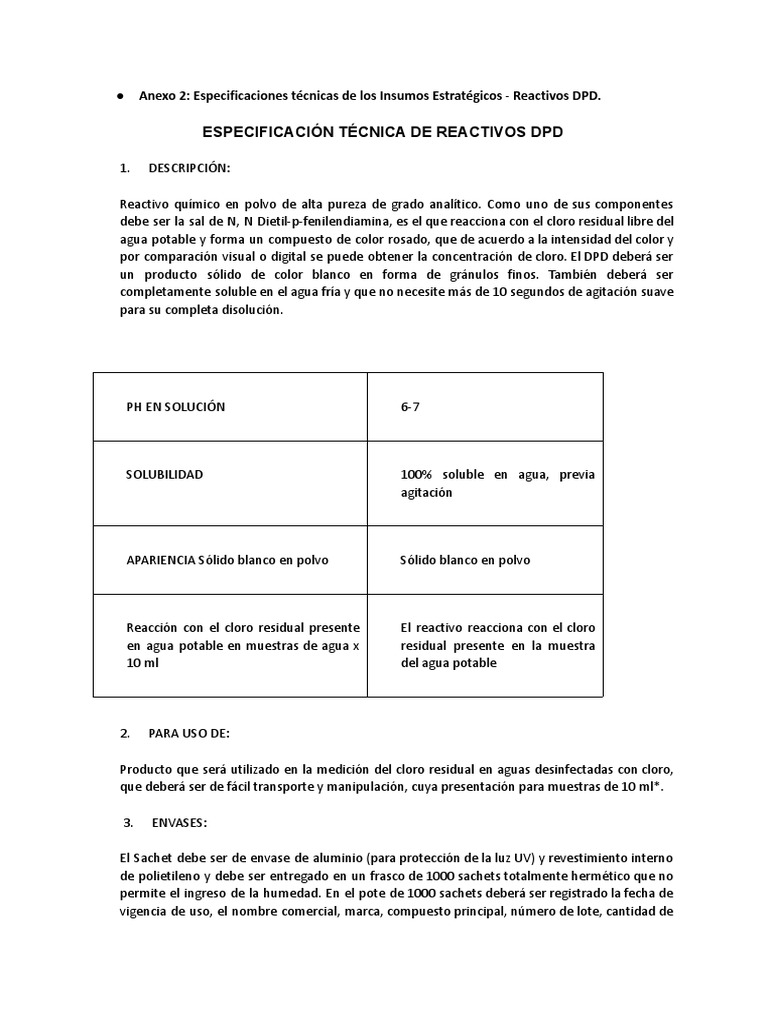 Especificaciones de Reactivos DPD en Sachet | PDF | Agua | Cloro