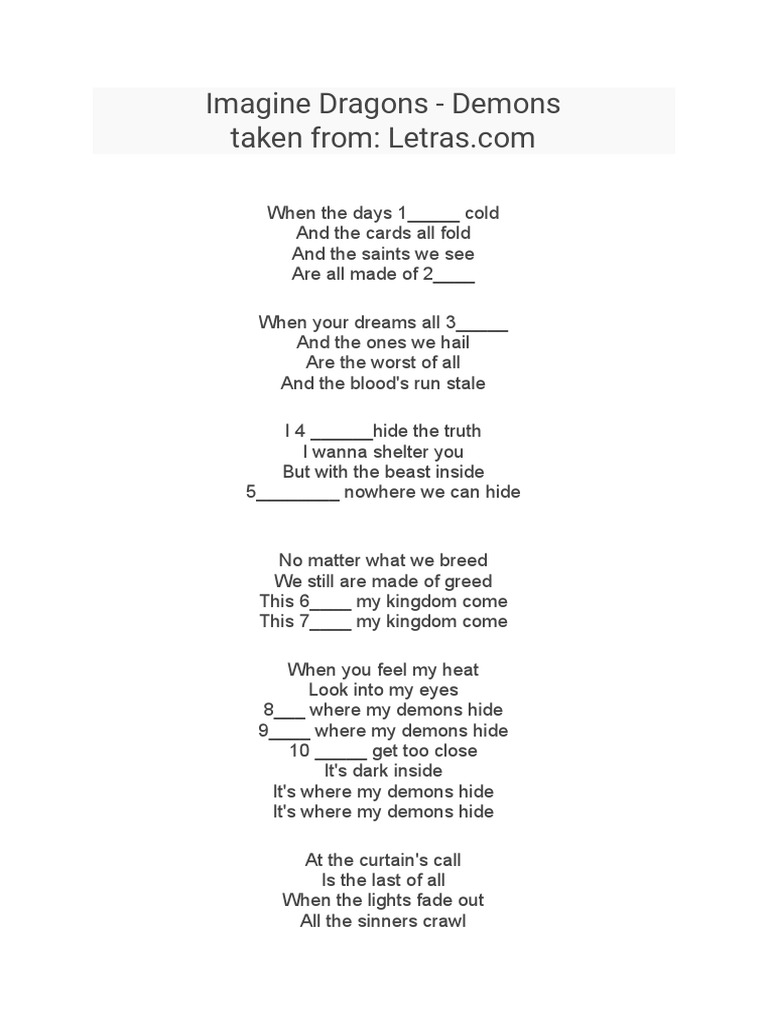 Letra de Demons by Imagine Dragons PDF