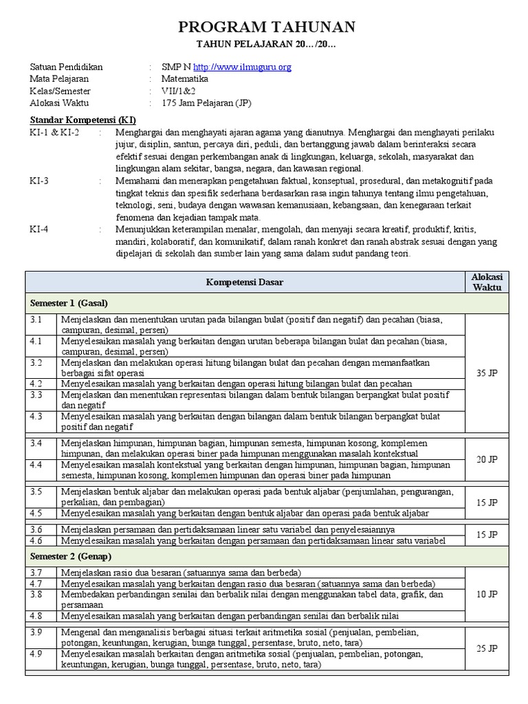 Program Tahunan MTK Kelas 7 SMP | PDF