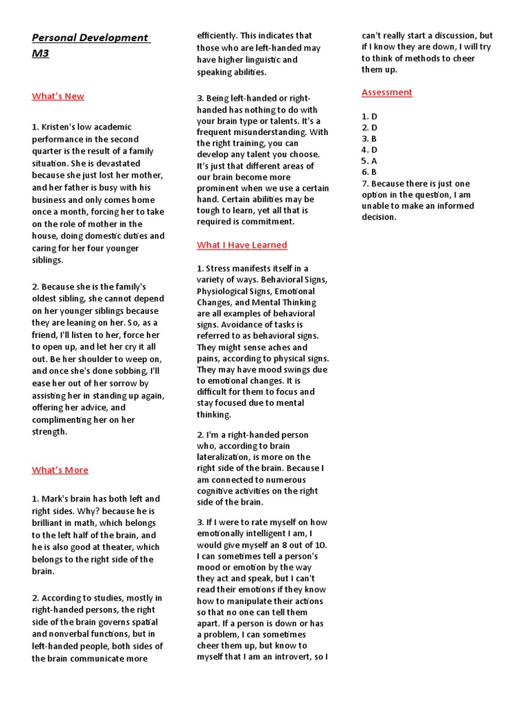Personal Development M3 - Cathy | PDF | Handedness | Thought