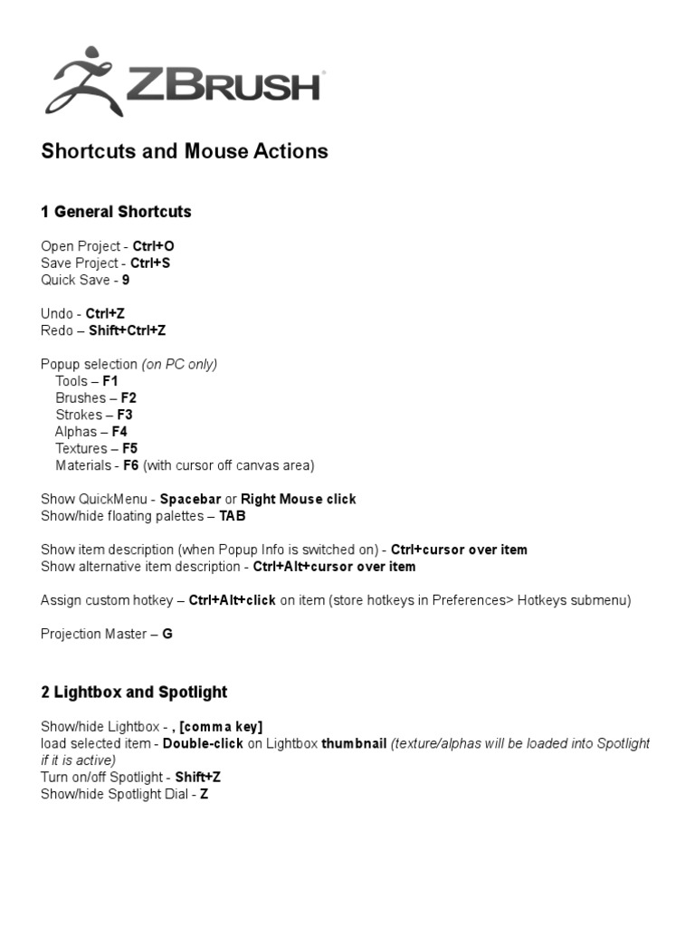 ZBrush Shortcuts and Hotkeys Guide | PDF | Keyboard Shortcut | Sphere
