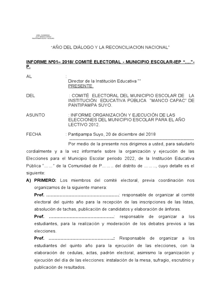 Informe De Los Resulatdos De Las Elecciones Al Municipio Escolar Pdf