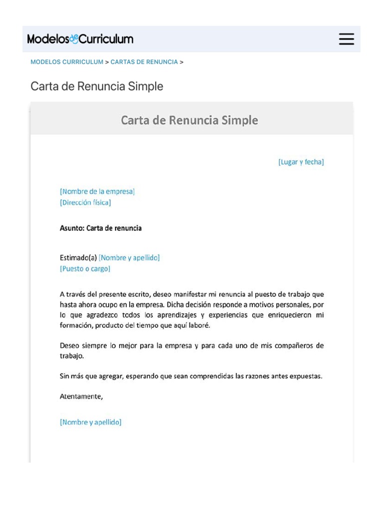 Modelo de Carta de Renuncia Simple en Word - Sencilla y Gratis | PDF