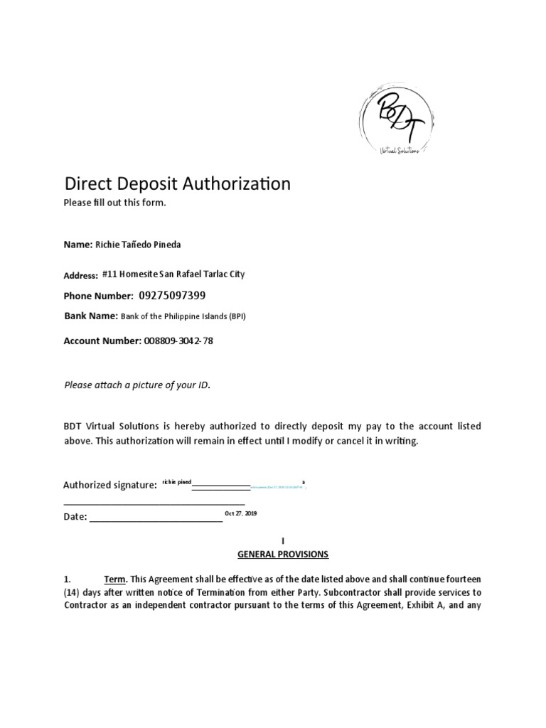Direct Deposit Authorization Form | PDF | Indemnity | Justice