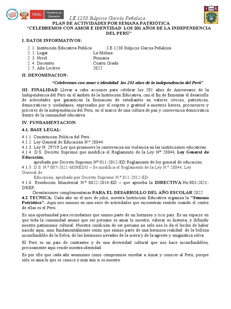 Plan Actividades Fiestas Patrias I E 1230 Sulpicio Garcia Peñaloza