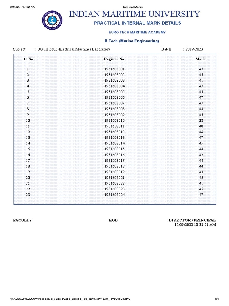 Internal Marks UG11P3603 Internal Marks | PDF | Engineering