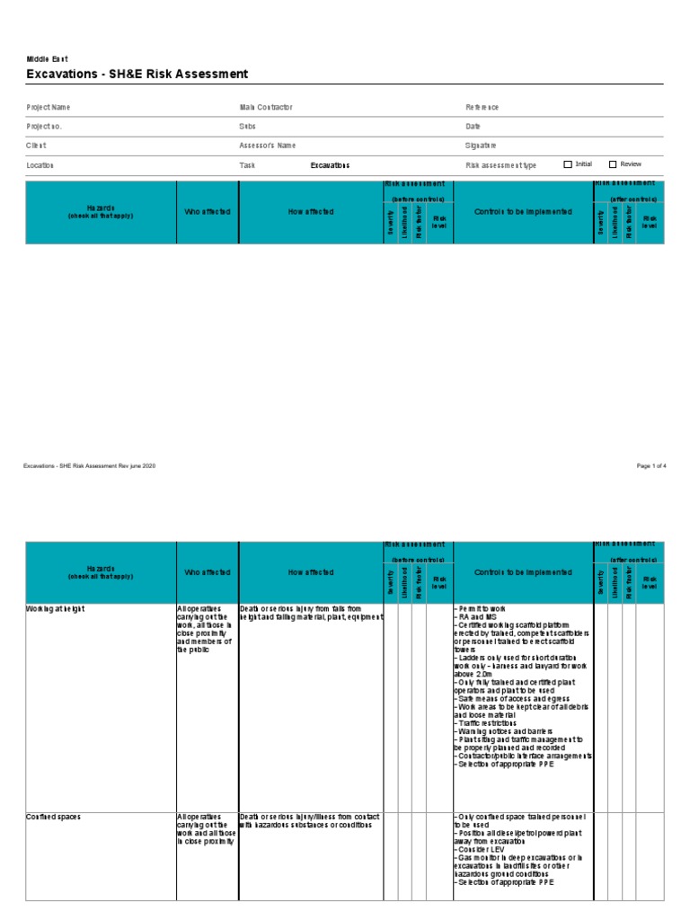 Excavation SH&E Risk Assessment Guide | PDF | Risk Assessment ...