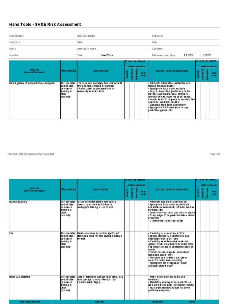 Hand Tools SHE Risk Assessment | PDF | Risk Assessment | Risk