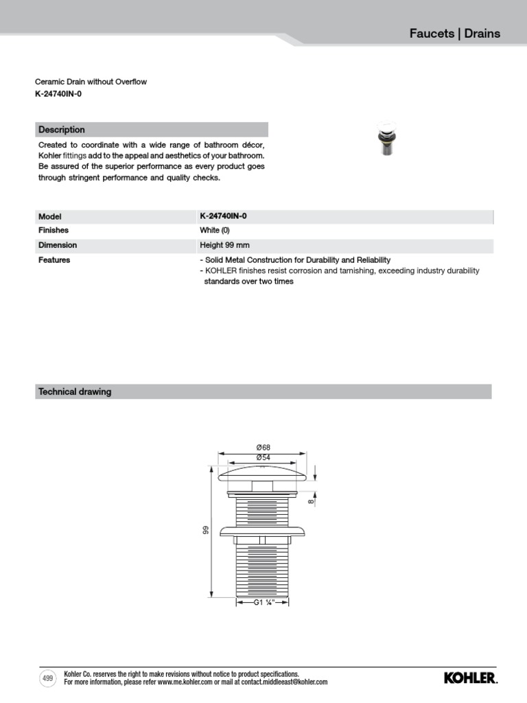 Kohler K-24740IN-0 Drain Specifications | PDF