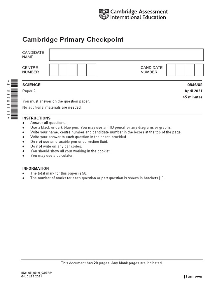 Cambridge Primary Checkpoint - Science (0846) April 2021 Paper 2 ...