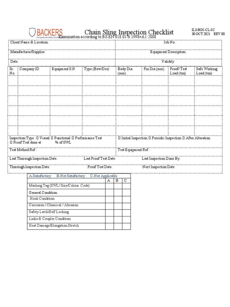 IL3BOSCLCS Chain Sling Inspection Checklist PDF