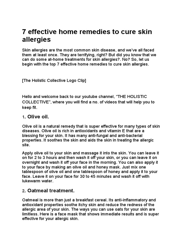 7 Effective Home Remedies To Cure Skin Allergies PDF Allergy Dermatitis