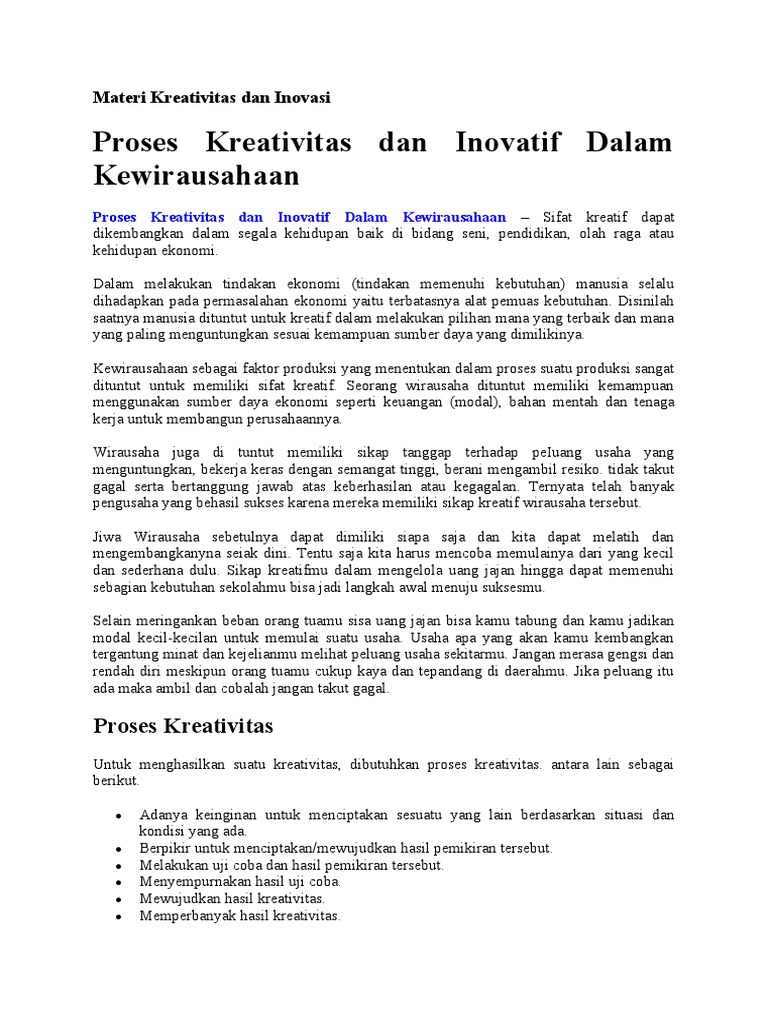 Kreativitas dan Inovasi dalam Kewirausahaan | PDF | Bisnis ...