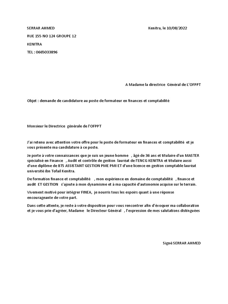 LETTRE  DE  MOTIVATION Ofppt  PDF