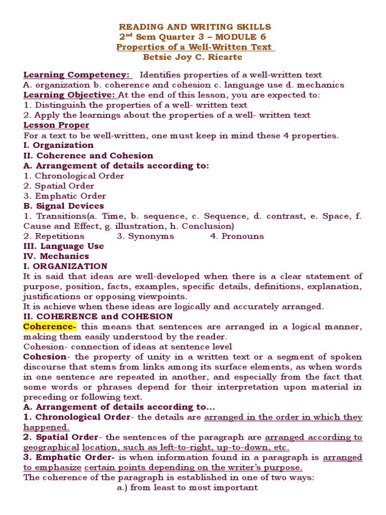 English 11 q1 m6 Properties of A Well Written Text v1 PDF