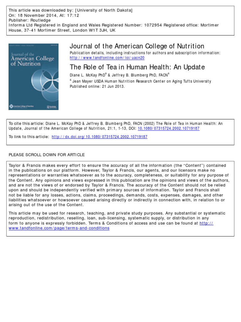 The Role of Tea in Human Health PDF Flavonoid Cardiovascular Diseases