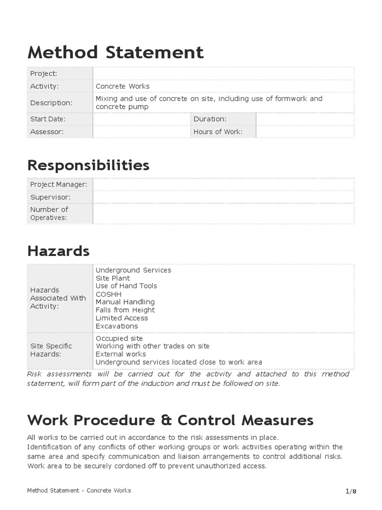Concrete Works Method Statement Guide | PDF | Concrete | Personal ...
