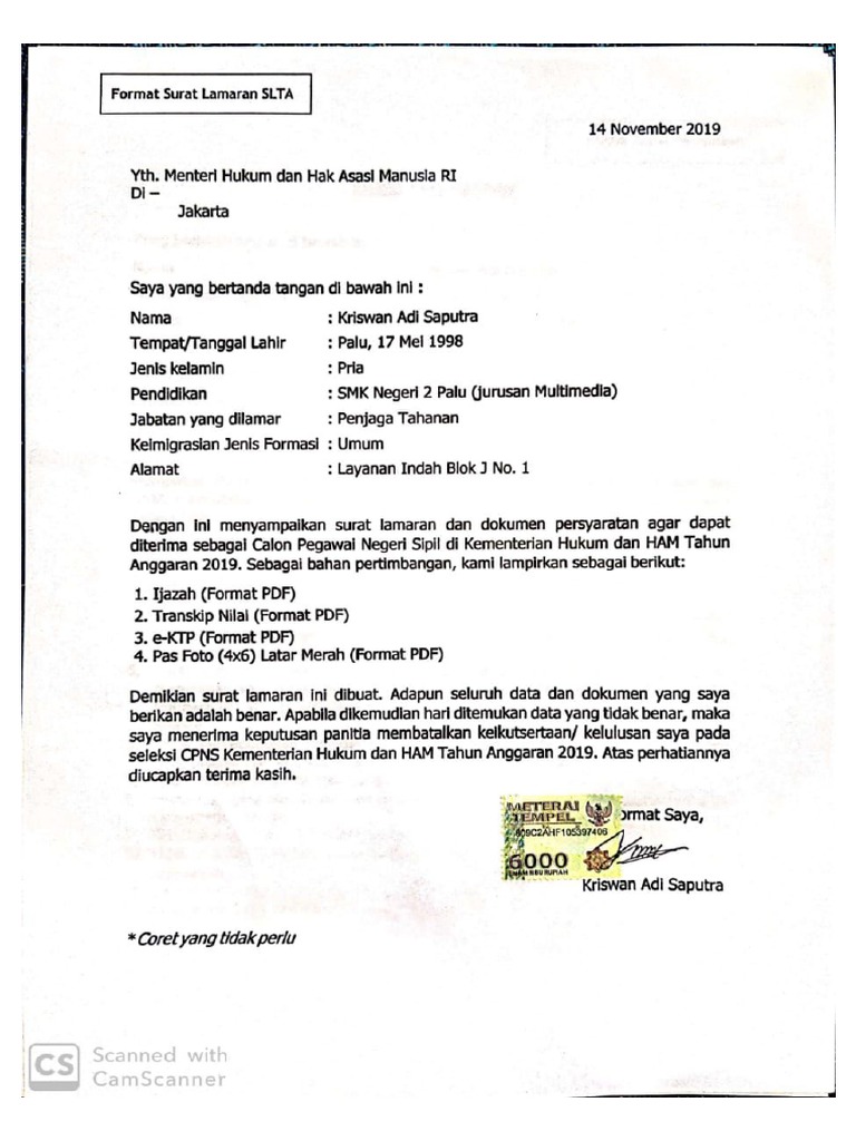Surat Lamaran Kemenkumham PDF