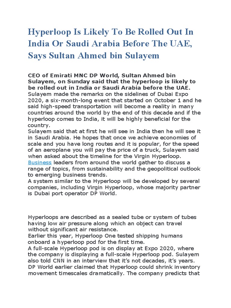 Hyperloop Likely to Launch First in India or Saudi Arabia, Says DP ...