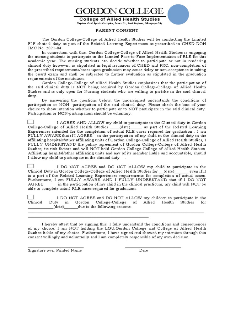 Parent Consent for Nursing Clinical Duty | PDF | Nursing | Health Sciences