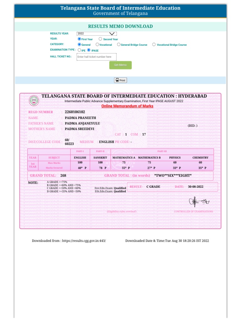 Telangana Intermediate Memo Download 2022 | PDF