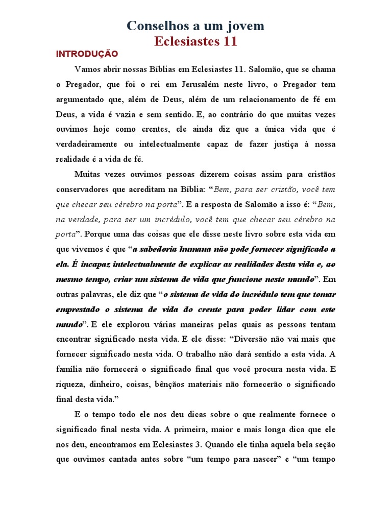 Conselhos A Um Jovem Pdf Fé Eclesiastes