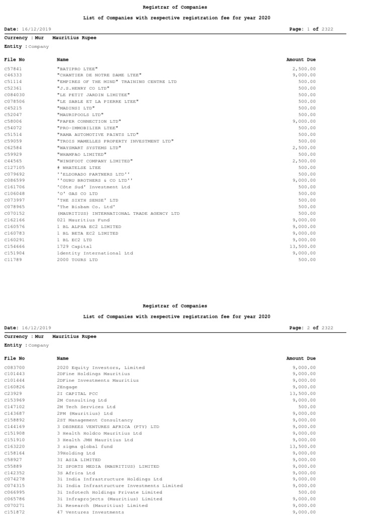 List of Companies With Respective Registration Fee For Year 2020, PDF, Money