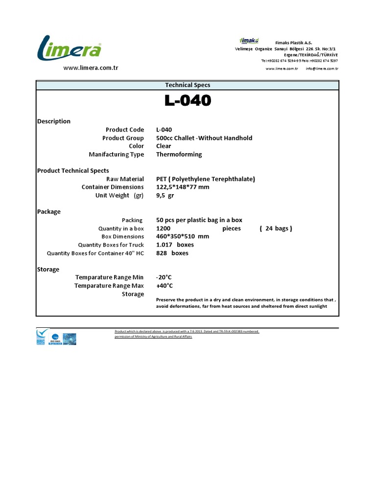 Technical Specifications and Storage Requirements for a 500cc Clear PET