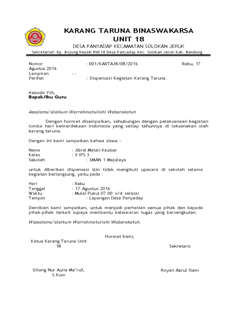 Surat Izin Dari Karang Taruna | PDF