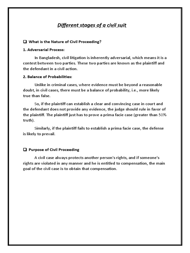 Differnt Stages of A Civil Suit PDF Lawsuit Burden Of Proof (Law)