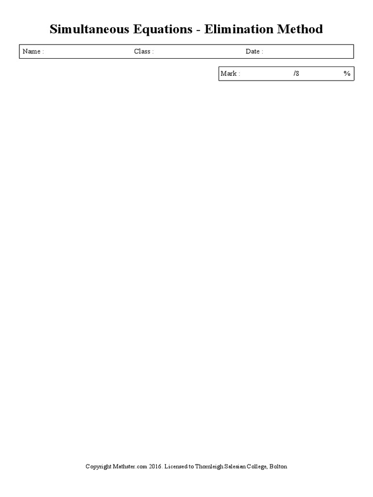 Elimination Method for Simultaneous Equations | PDF